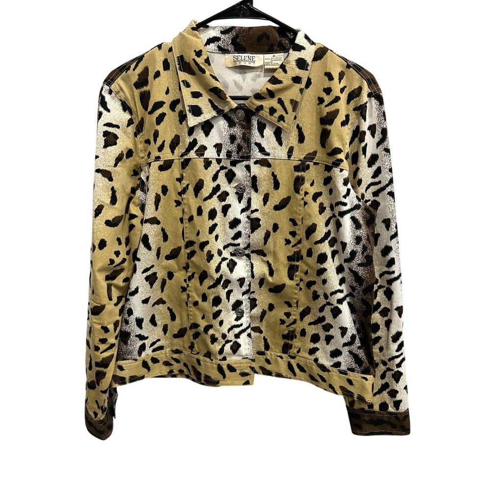 Vintage 90s Selene Sport Leopard Print Button Front Jacket Size 8